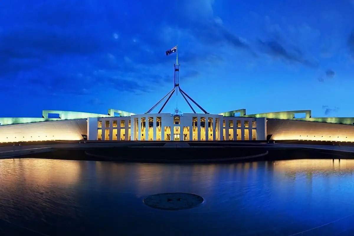 Parliament House at dusk in Canberra